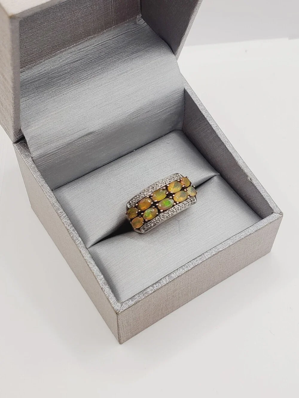 Double Row Genuine Opal Band Ring - Yellow Gold - 925 Sterling Silver